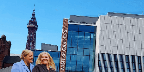 organisers of blackpool business expo stood outside of the blackpool conference and exhibition centre